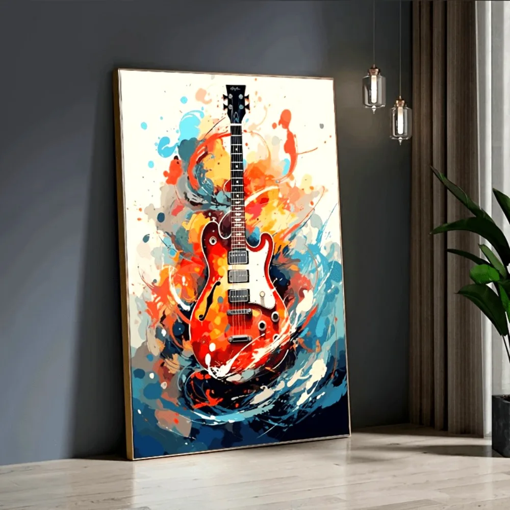 An abstract vintage guitar canvas art print, large size colorful acrylic poster for living room and bedroom decor