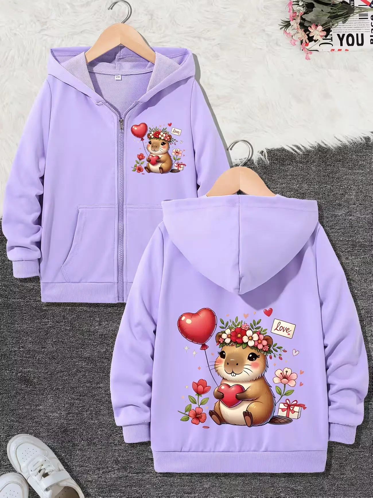 Funny Capybara Love Casual Hoodie Jacket for Boys Girls Zipper Winter Autumn Trendy Cartoon Zip Up Sweatshirts Unisex Kids