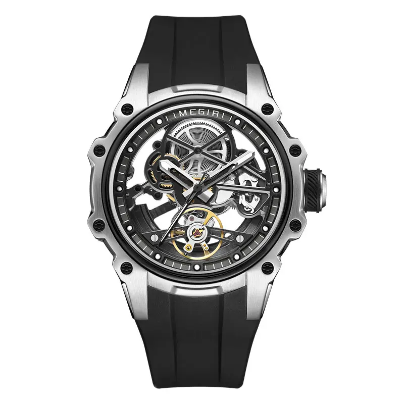 MEGIR Skeleton Dial Automatische Mechanische Uhr Männer Edelstahl Gehäuse Wasserdicht Leuchtende Sport Armbanduhr mit Silikon Armband