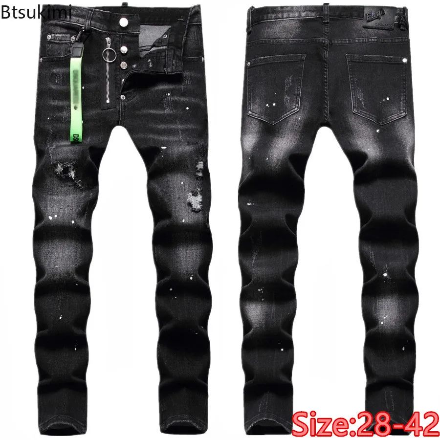 

New Men's Jeans Vintage Stretch Slin Straight Denim Pants Street Style Holes Hip Hop Pants Personalized Male Jeans High Quality