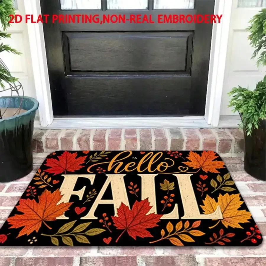 1pc Hello Fall Autumn Themed Rug Suitable For Front Door, Living Room, Bedroom, Kitchen, Bathroom - Machine-Washable Indoor/Outdoor With Seasonal Decor, Durable Entry Mat Suitable For Porch, Hallway, Dog-Friendly Mat