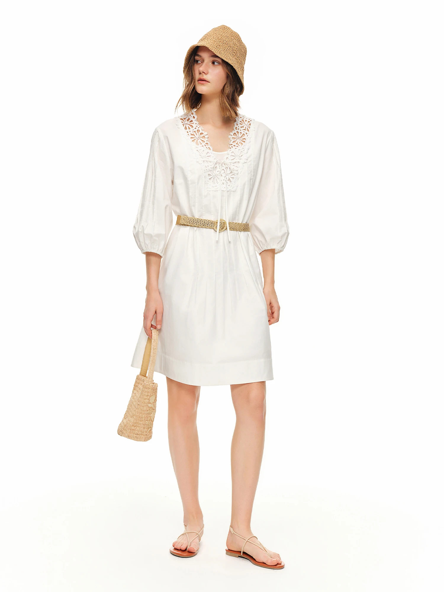DUSHU Women's Hollowed-out Crochet Lace Dress 2026 Summer French Style Ins White Mid-length Fairy Loose Sundress Simple Leisure