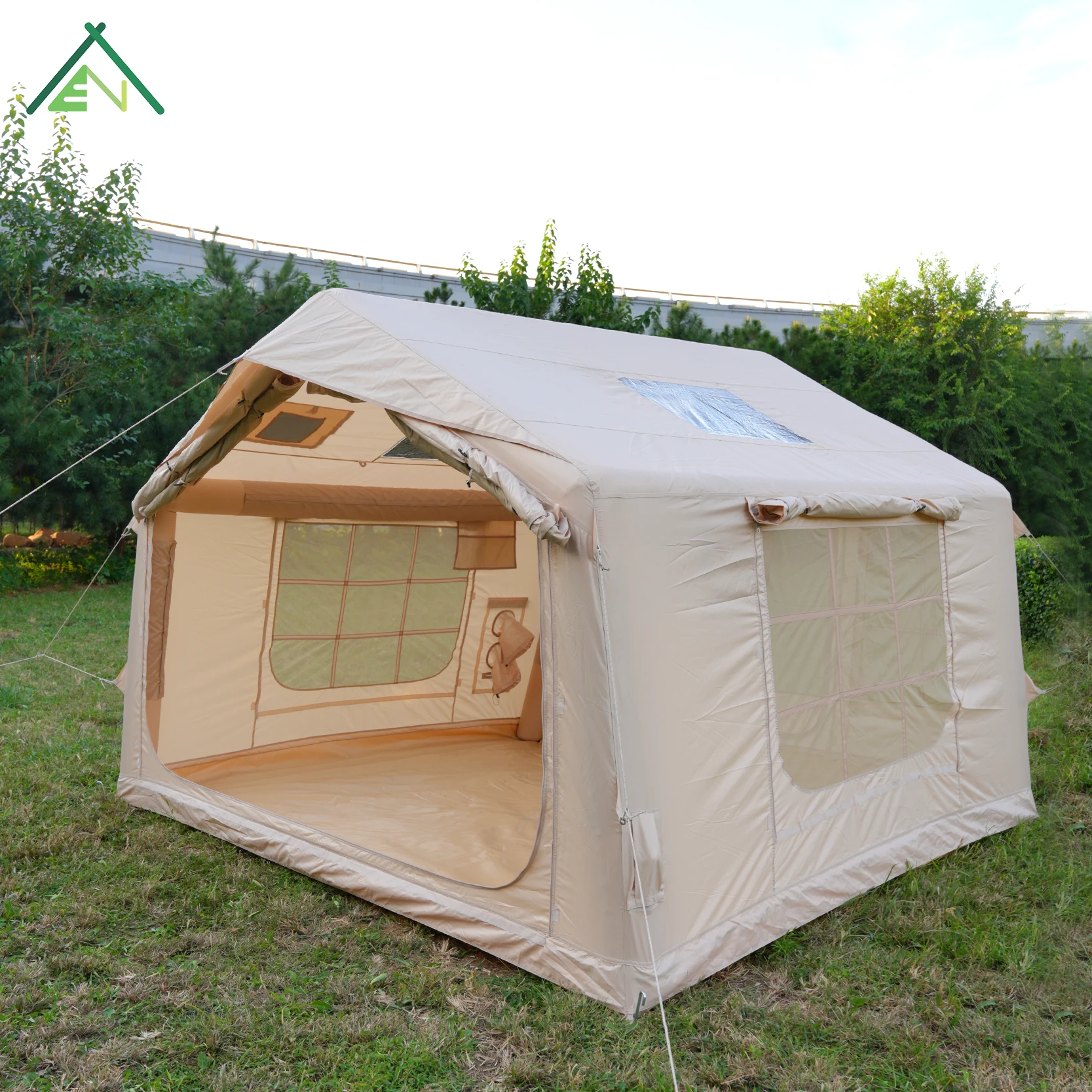 Professional 2-3 Person 8sqm Beige Inflatable Camping Tent Waterproof Oxford Air Beam U Door Mesh Window Skylight Four Season