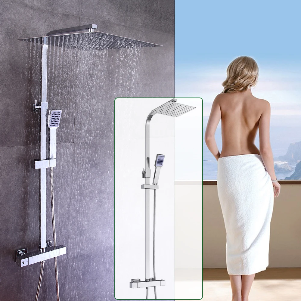 Shower System with Thermostat Wall Mounted Hand Shower Set Silver with Rain Shower Shower Column Stainless Steel