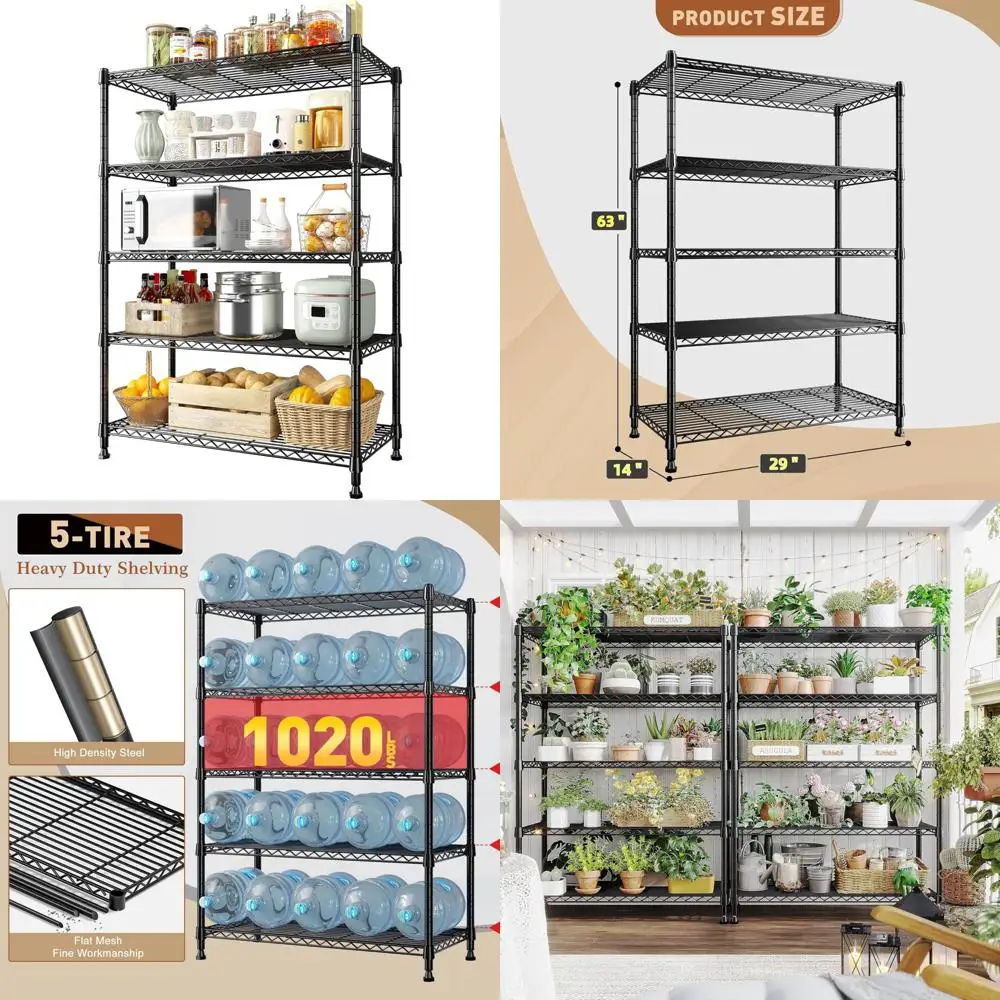

Heavy Duty Adjustable Metal Shelving Units - 5-Tier Storage Racks for Up to 1020 lbs Capacity
