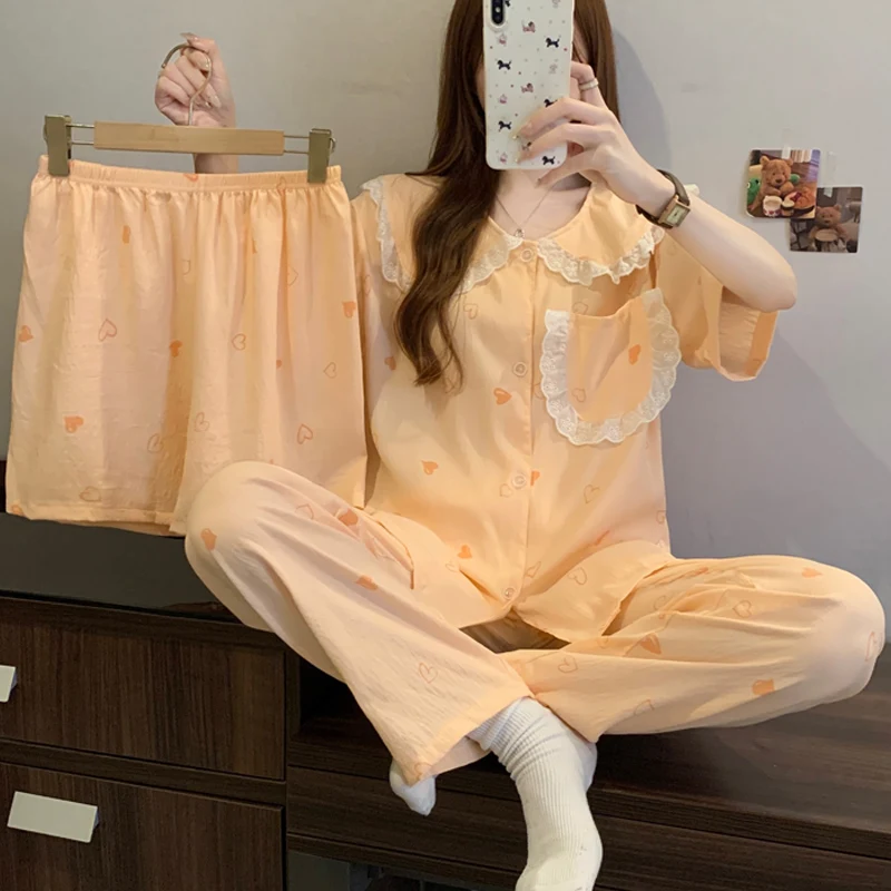 

Harajuku Style Love Print Women's Sleep & Lounge Summer New Casual Lace Design Pajamas for Women Short Cool Fashion Pajamas Set