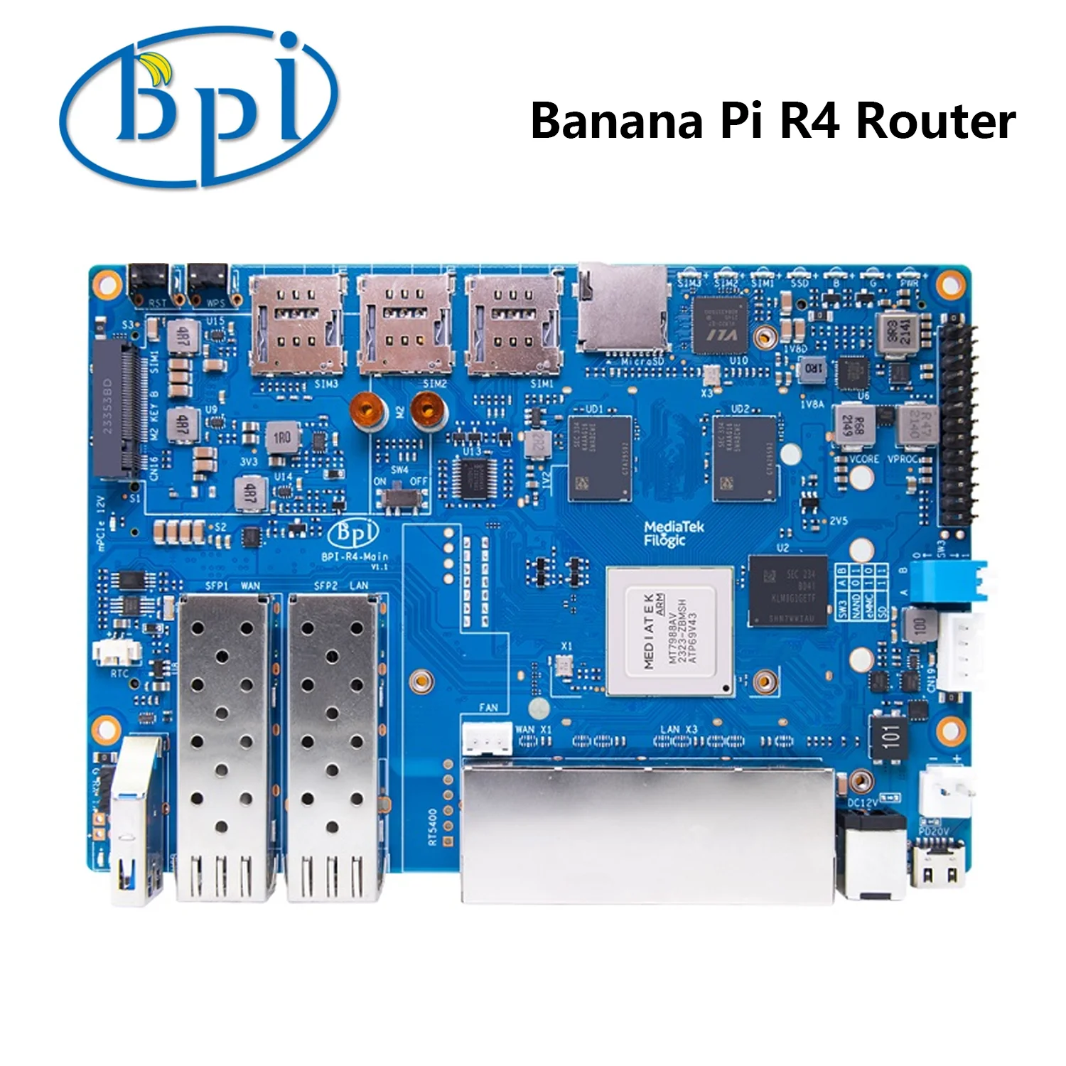 Banana Pi BPI-R4 V1.1 WIFI7 Router Development Board MediaTek MT7988A (Filogic 880) Quad-core Arm Corex-A73 4GB DDR4 8GB eMMC