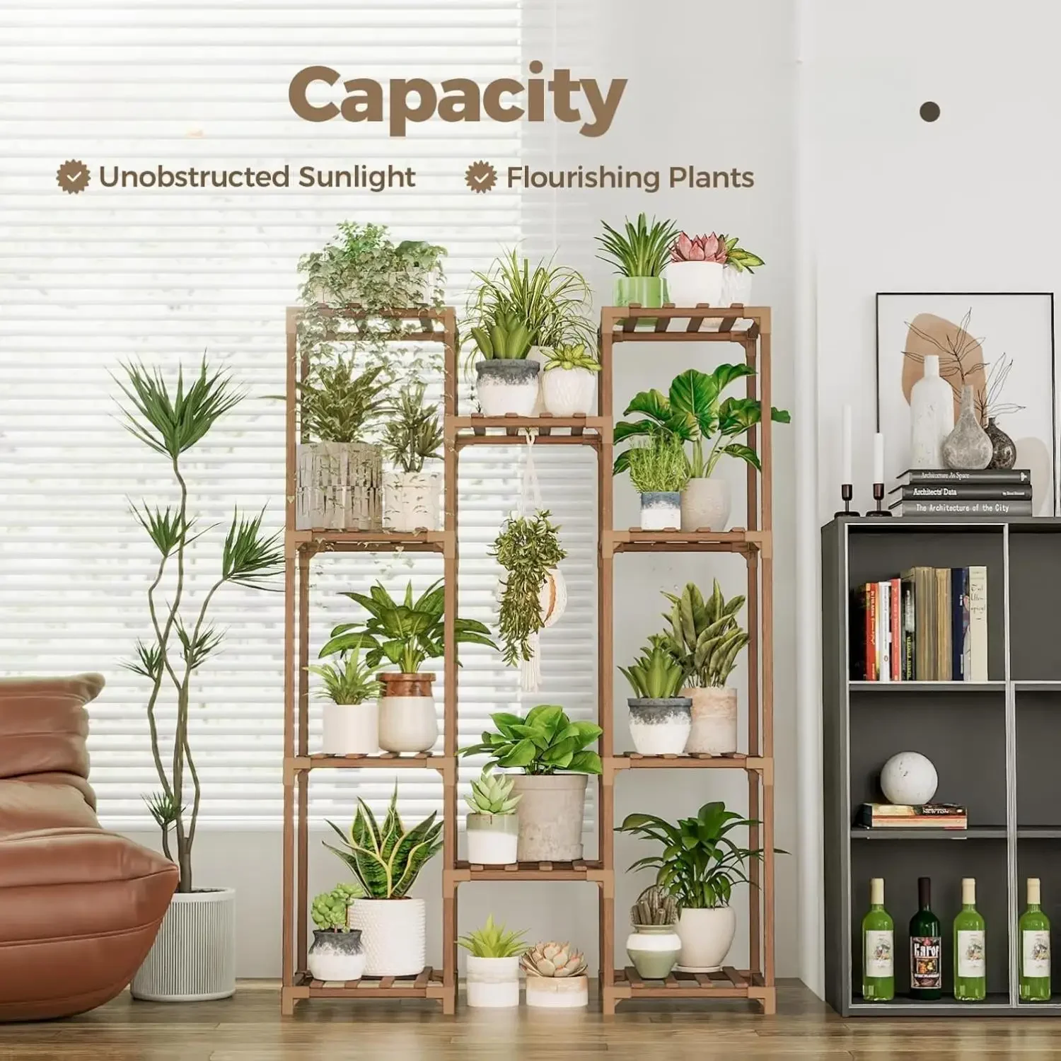 Large Wooden Plant Stand Indoor Outdoor Tiered Tall Flower Pot Shelf Rack for Multiple Plants Sturdy Wood Bonsai Display Holder Organizer for Living Room Balcony Patio Garden Decor Brown