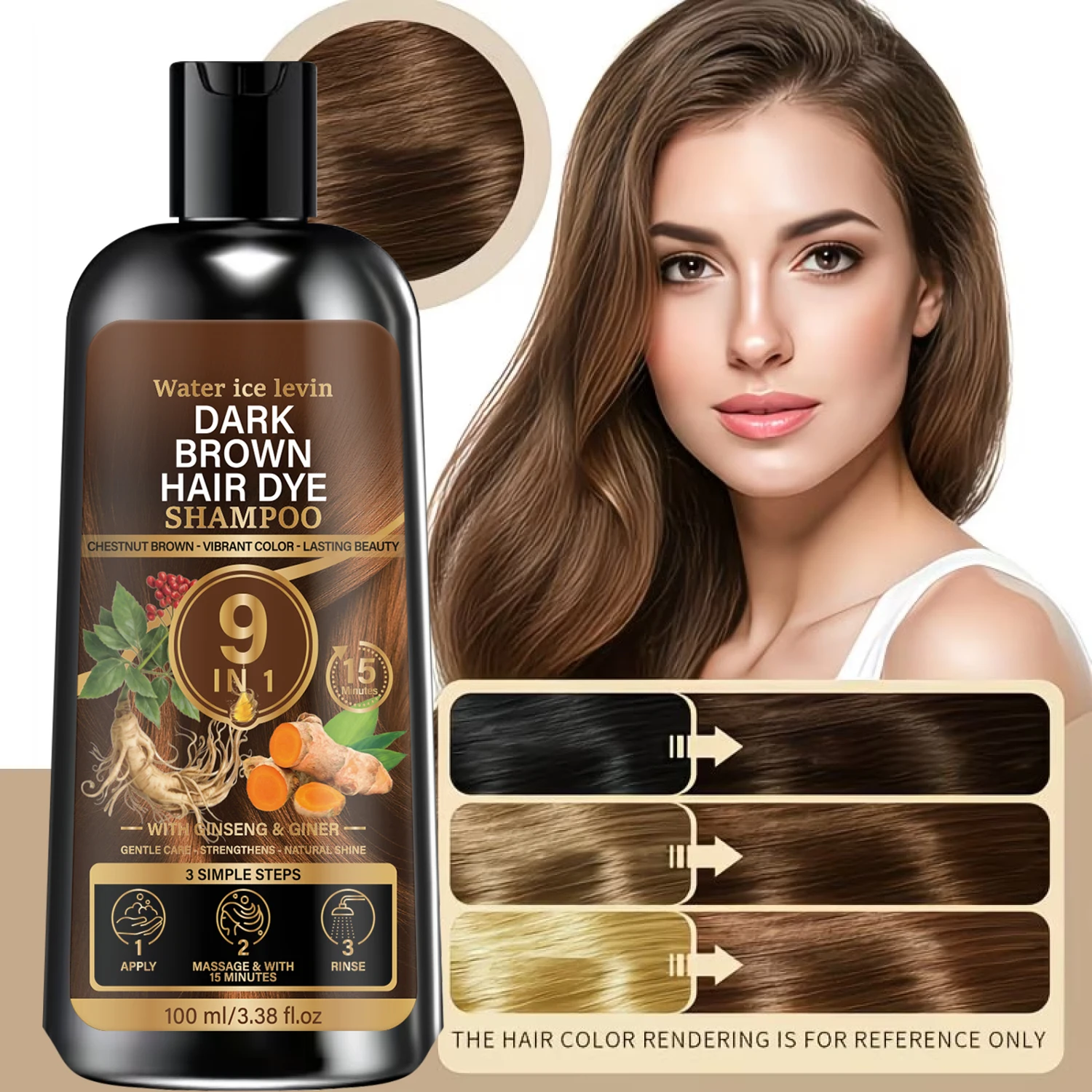 Water Ice Levin Multi-Benefit Chestnut Brown Dye Shampoo Nourish Hair While Coloring Durable Rich Hair Tone 100ml