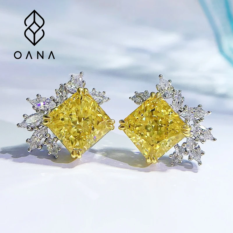 OANA 925 Silver 5 Carat Yellow Diamond Stud Earrings Burst Flash High Carbon Diamond Hypoallergenic Seiko Edition Jewelry