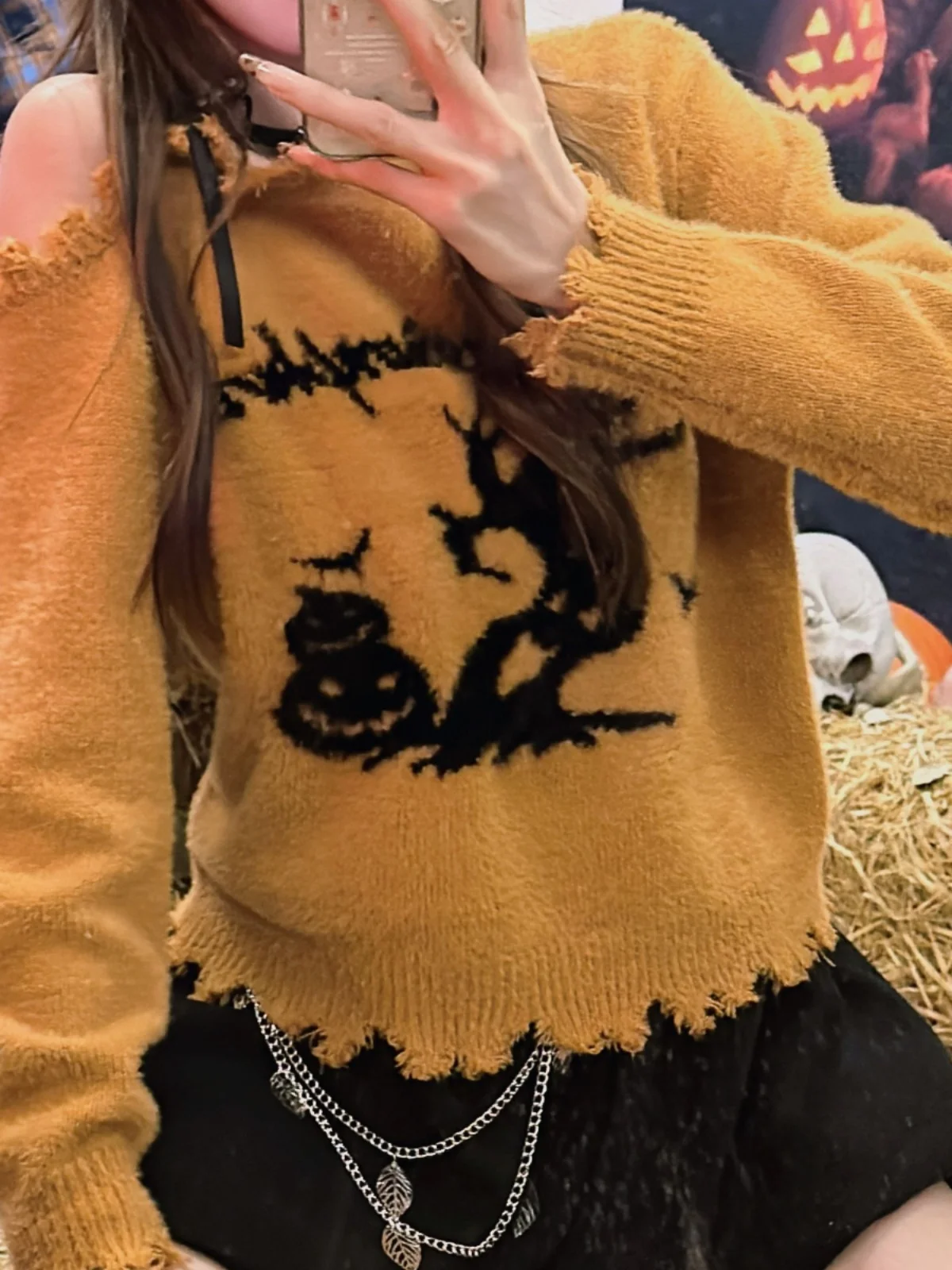 Street Sle Witch Pumpkin loween Maglione da donna Autunno Inverno Arancione lavorato a maglia o spalla Bared Top Pure Desire Loose Fit
