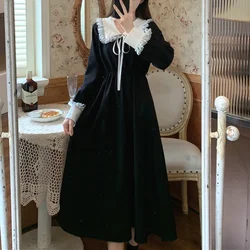Vintage Dress Women Sweet Lace Peter Pan Collar French Elegant Long Sleeve Lace-Up Fairy One Piece Dress Korean 2024 Autumn Chic