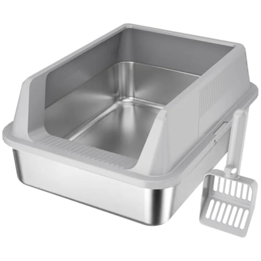 

Stainless Steel Litter Box for Kitty, Small Metal Cat Litter Tray with Non-Slip Pads, Anti-Leakage Top Entry and High Sided, Ea