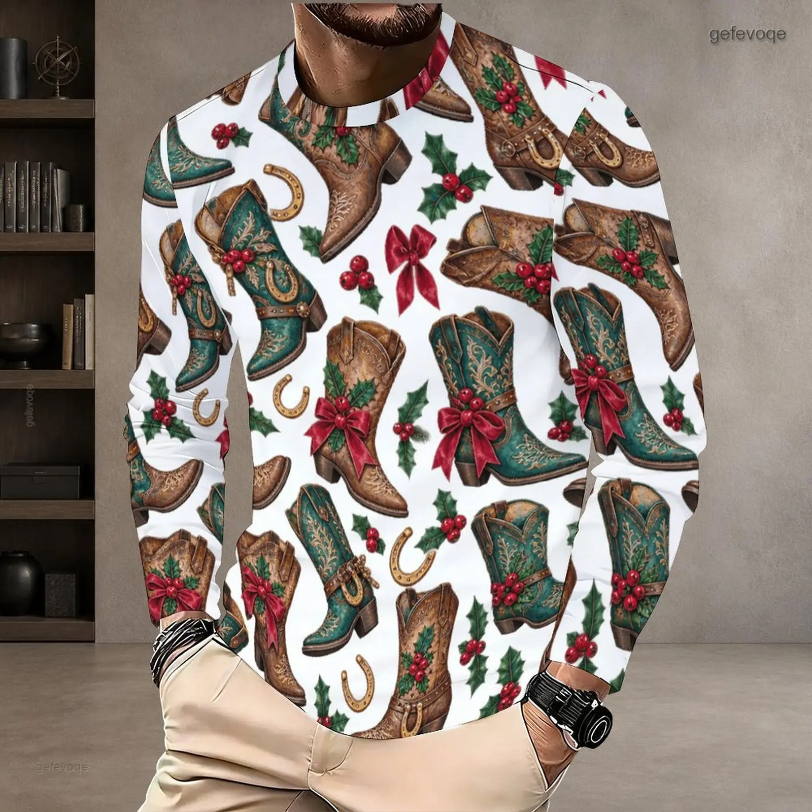 Men Round Neck Long Sleeve T-Shirt Printed with Cowboy Boots, Horseshoes, Holly Berries and Red Bows on White