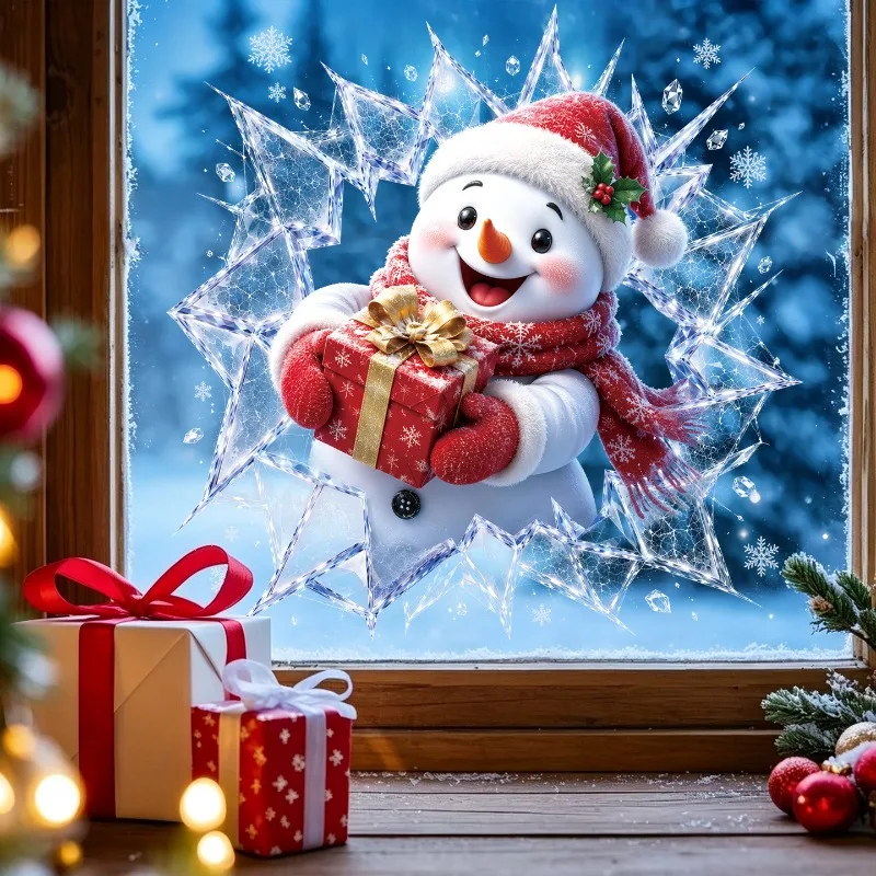 3D Simulated Broken Window Static Window Clings Cartoon Snowman Gift Snowflake Glass Stickers Shop Window Xmas Decor