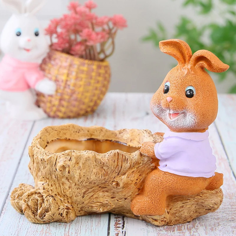 Natural Style Bear Rabbit Figurine Resin Cartoon Bunny Statue Flowerpot With Drainage Holes Retro Cute Animal Flowerpot