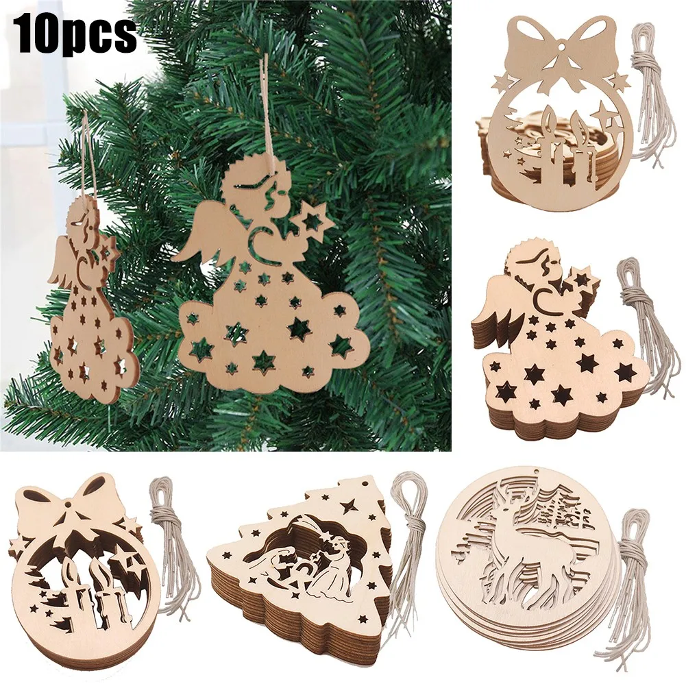 10pcs Plain Wooden Shapes Craft Ornament Christmas Tree Hanging Decorations For Home Decor New Year Navidad Pendant Accessories