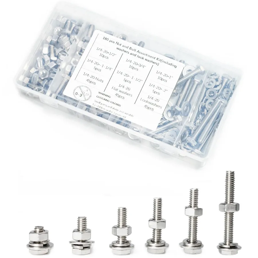 

180 pcs SAE Stainless Steel Nuts and Bolts Assortment Kit Iluding 6 Sizes 1 420 Hex Bolts Flat Washe Lock Washe. Packaged by Pl