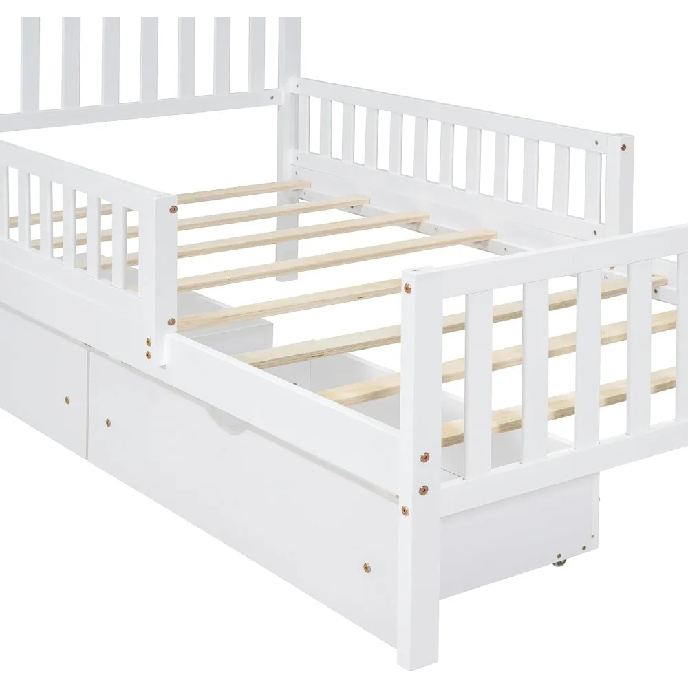 เตียงไม้ขนาดทวินไซส์พร้อมลิ้นชักเก็บของและราวกั้นสำหรับเด็ก