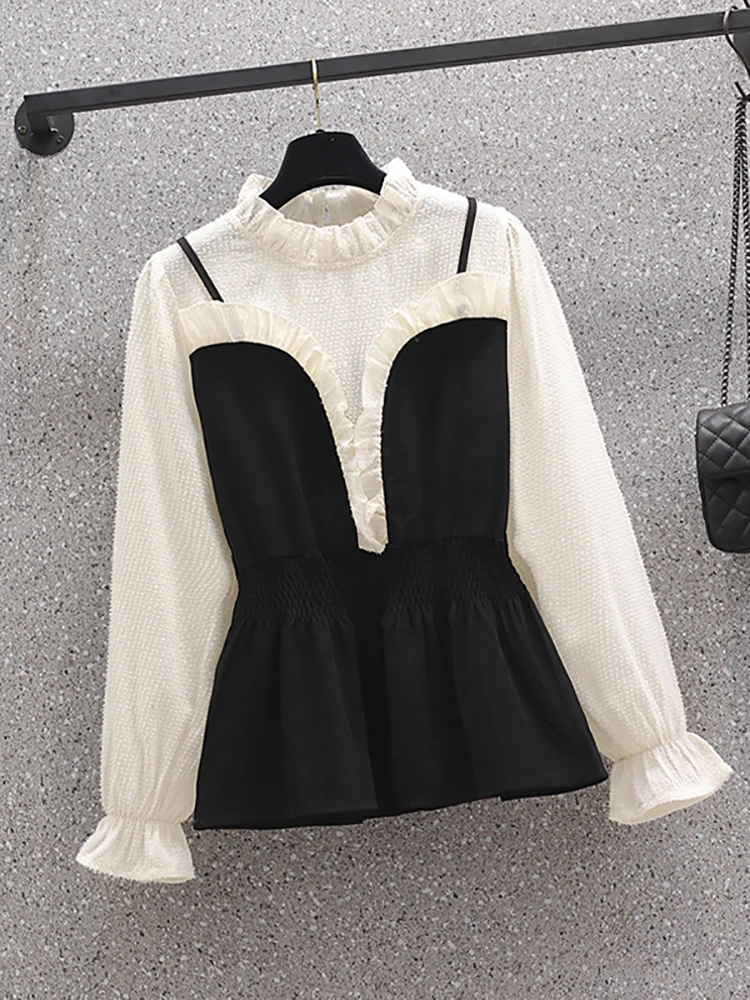 Women Fashion Patchwork Fake Two Piece Top Coats Autumn Winter Long Sleeve Chic Ruffled Collar Blouses 2024 Korean Vintage Shirt