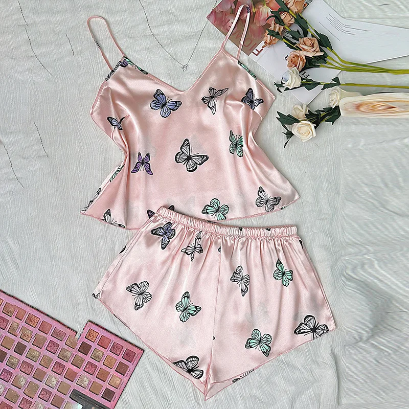 

Women's Summer Cartoon Butterfly Pajamas Set Sexy Suspender Shorts Two-Piece Casual Comfortable Ice Silk Breathable Loungewear
