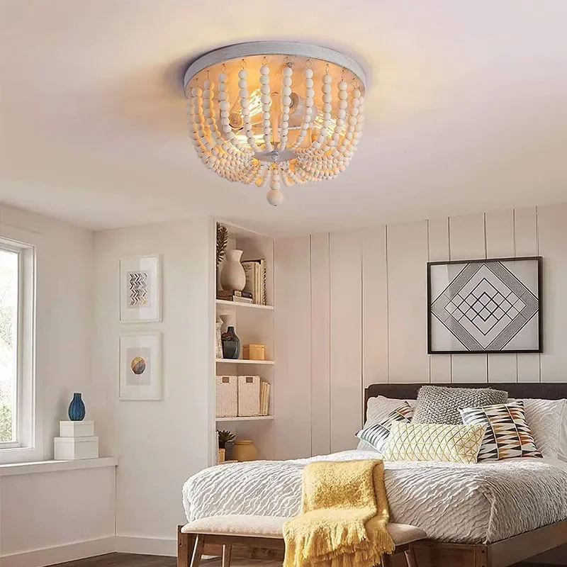 

American Country Ceiling Light Vintage Bohemian Wood Bead Lamp for Bedroom