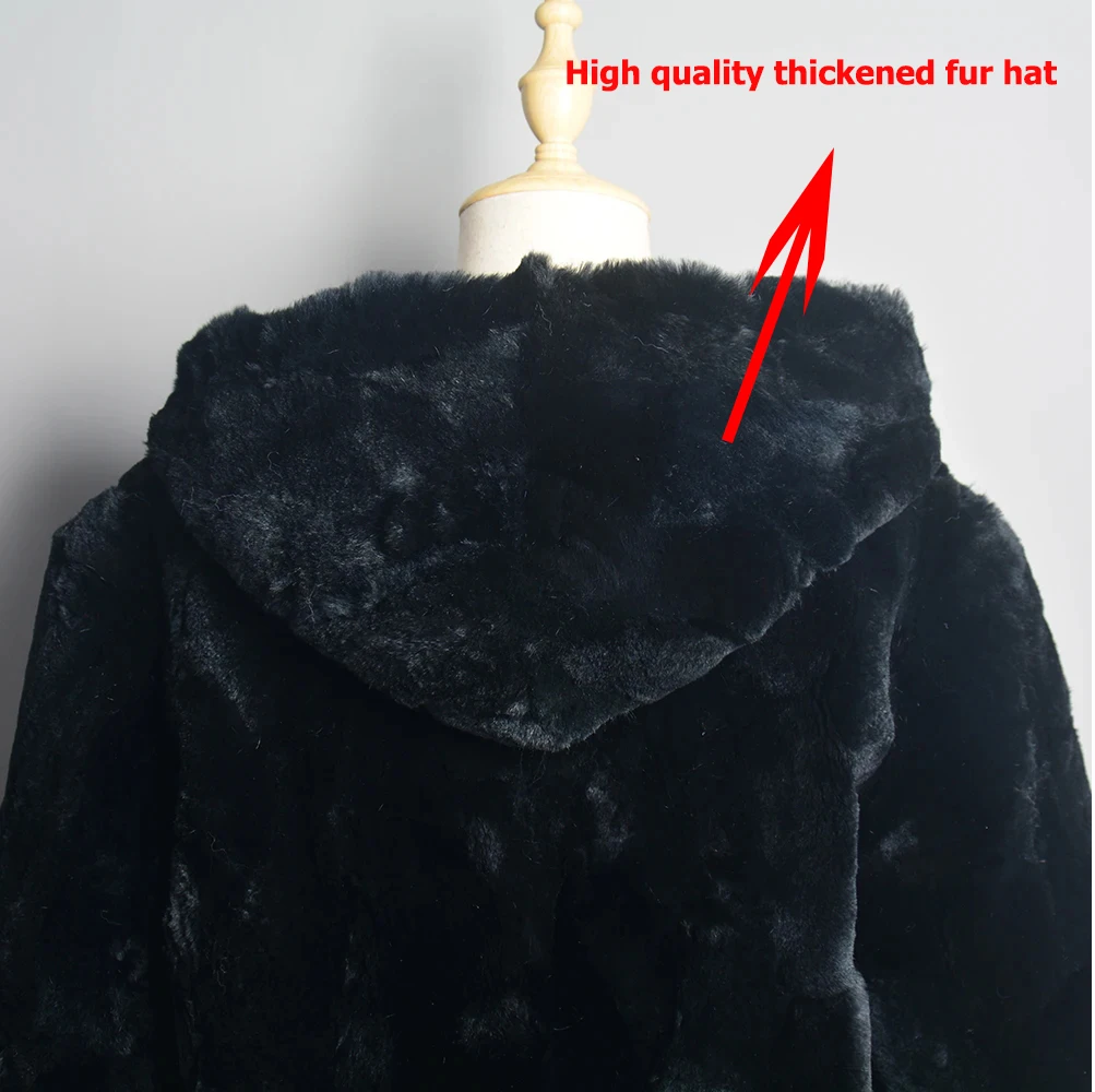 Luxury Women Winter Warm Real Rex Rabbit Fur Hooded Coat Natural Rex Rabbit Fur Jackets Lady Thick Real Rex Rabbit Fur Overcoat