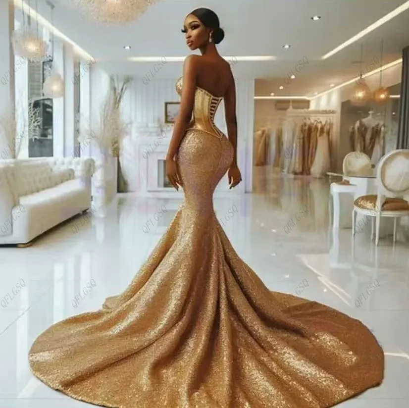 Shiny Sequins Prom Dresses Gold Couture Aso Ebi Wedding Second Dress Boning Lace Up African Sweetheart Prom Dress Mermaid Split