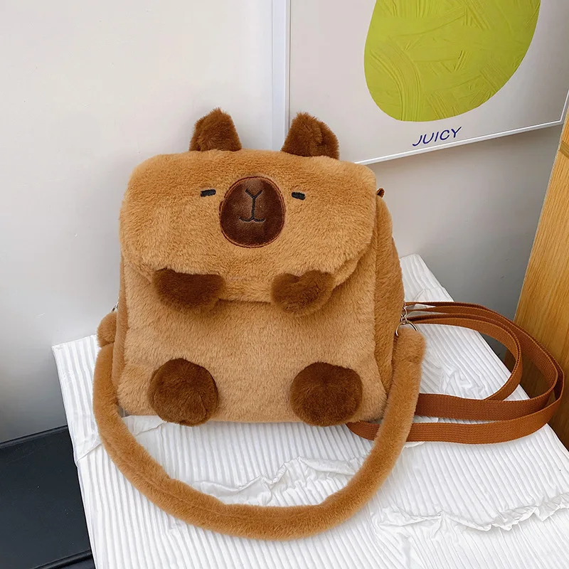 Cute Capibala Downy Backpack Cartoon Capybara Casual Crossbody Bag Students Kawaii Shoulders Bag Portable Modeling Flip Backpack