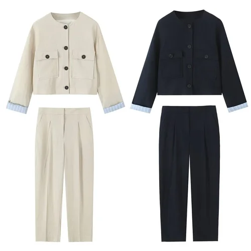 MYST & ZA2025 nueva chaqueta informal de verano a la moda para mujer, chaqueta sencilla con una hilera de botones, abrigo corto de retales a rayas, top + Pantalones rectos