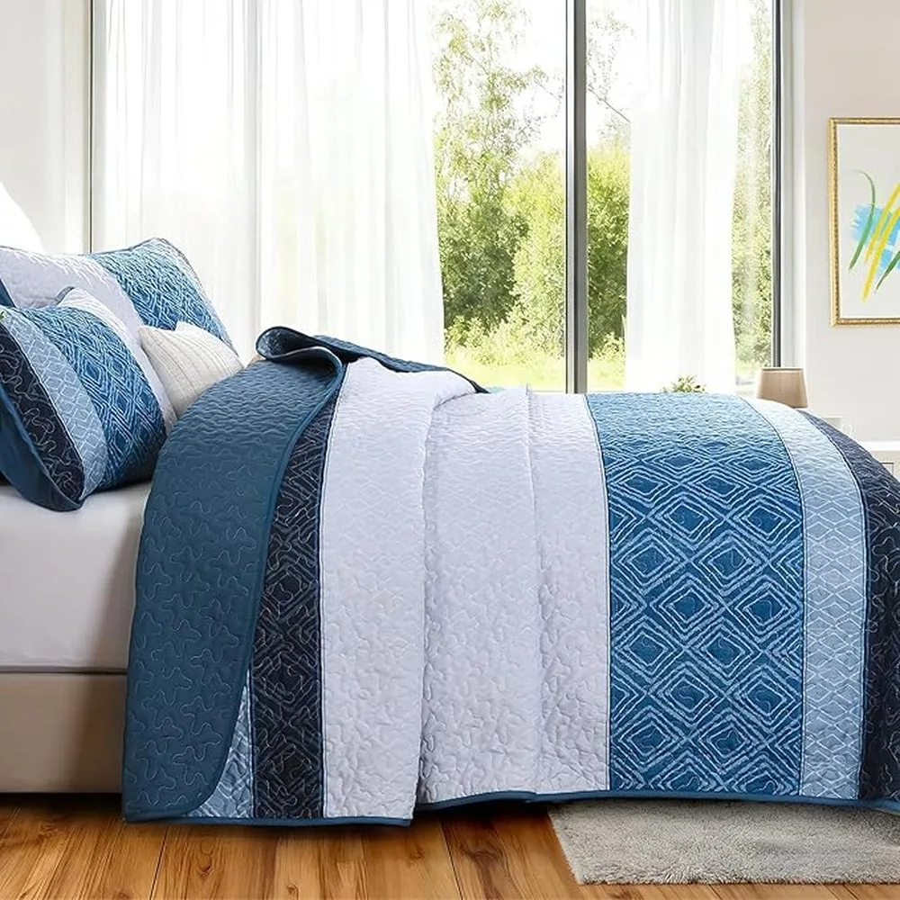 Striped Pattern Bedding Set Blue Quilt Bohemian Quilt For Summer Lightweight Bedspread Comforter