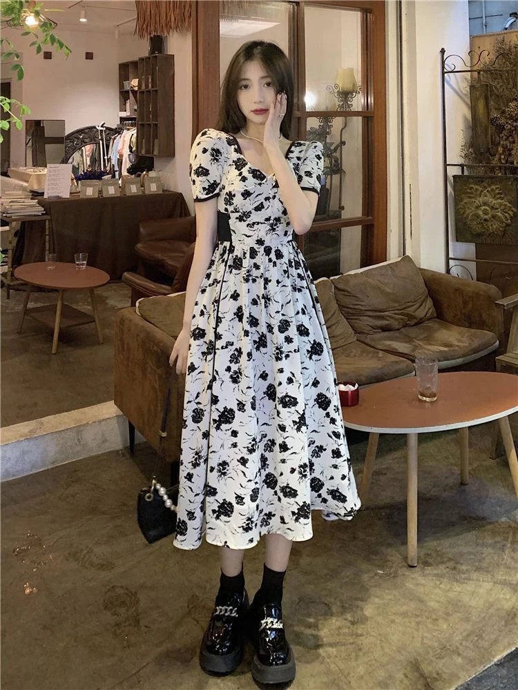 Jmprs High Waist Women Midi Dress Fashion Print Floral Summer Shorts Sleeve Ladies Dress Sexy V Neck Korean Casual Vestidos