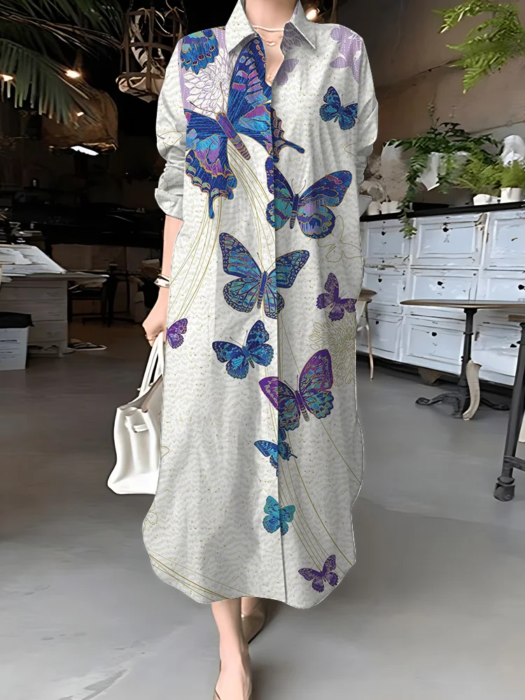 Summer Outdoor Casual Women's Shirt Dress Elegant Butterfly Print Long Sleeve Lapel Dress Comfortable and Breathable Clothing