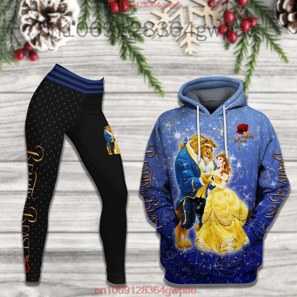 Beauty and the Beast 3D Women\'s Hoodie Leggings Set High Waist Yoga Pants Set Disney Yoga Leggings Hoodie Fashion Sports Suit