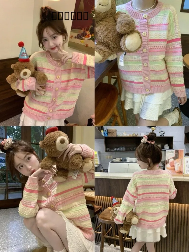 Rosa gestreifter Strickpullover Jaet Damen Frühherbst High-End Kleine weiche Lazy Open Cardigan Top Pendeln Slim Fit Long Sve