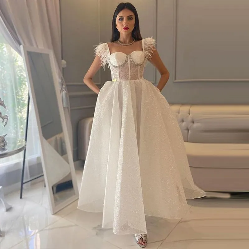 

BridalAffair Glitter White A Line Prom Dresses Feather Sleeves Sweetheart Ankle Length Saudi Arabic Women Evening Party Gowns