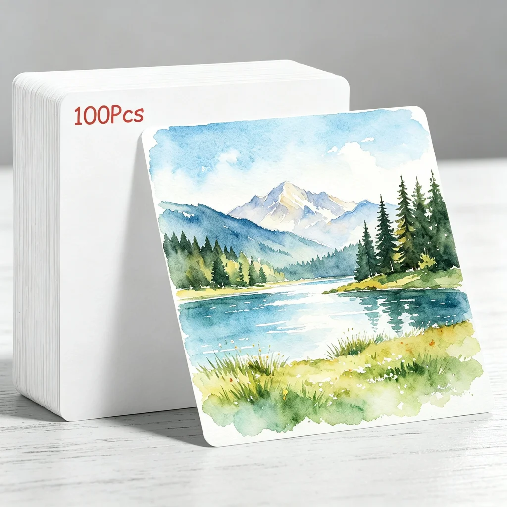 100Pcs Square Watercolor Paper Sheet 300g Thick Art Paper Double Sided Watercolor Painting Postcard for Painting School Supplies