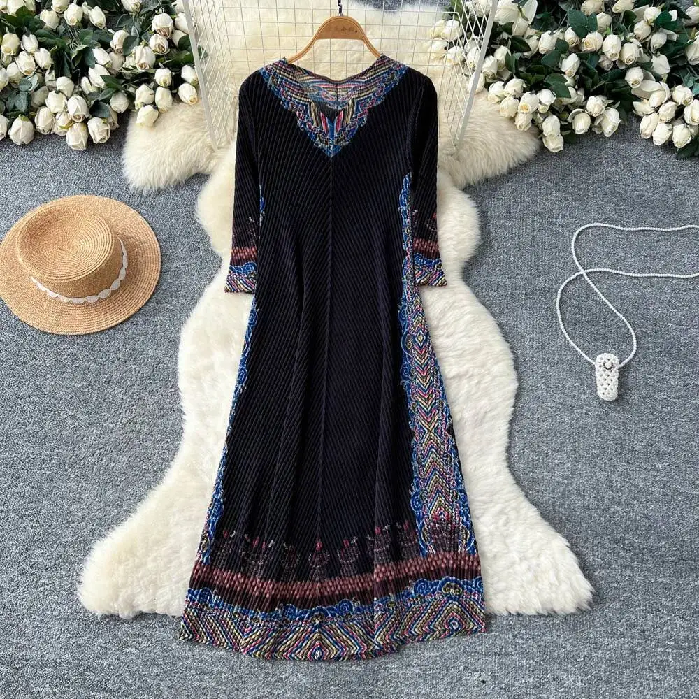 ชุดเดรสวินเทจแขนยาวแบบต่อผ้าสไตล์ลำลองสำหรับงานเลี้ยงตอนเย็น ชุดเดรสสำหรับงานพิธีในสไตล์ไฮสตรีทสำหรับผู้หญิง