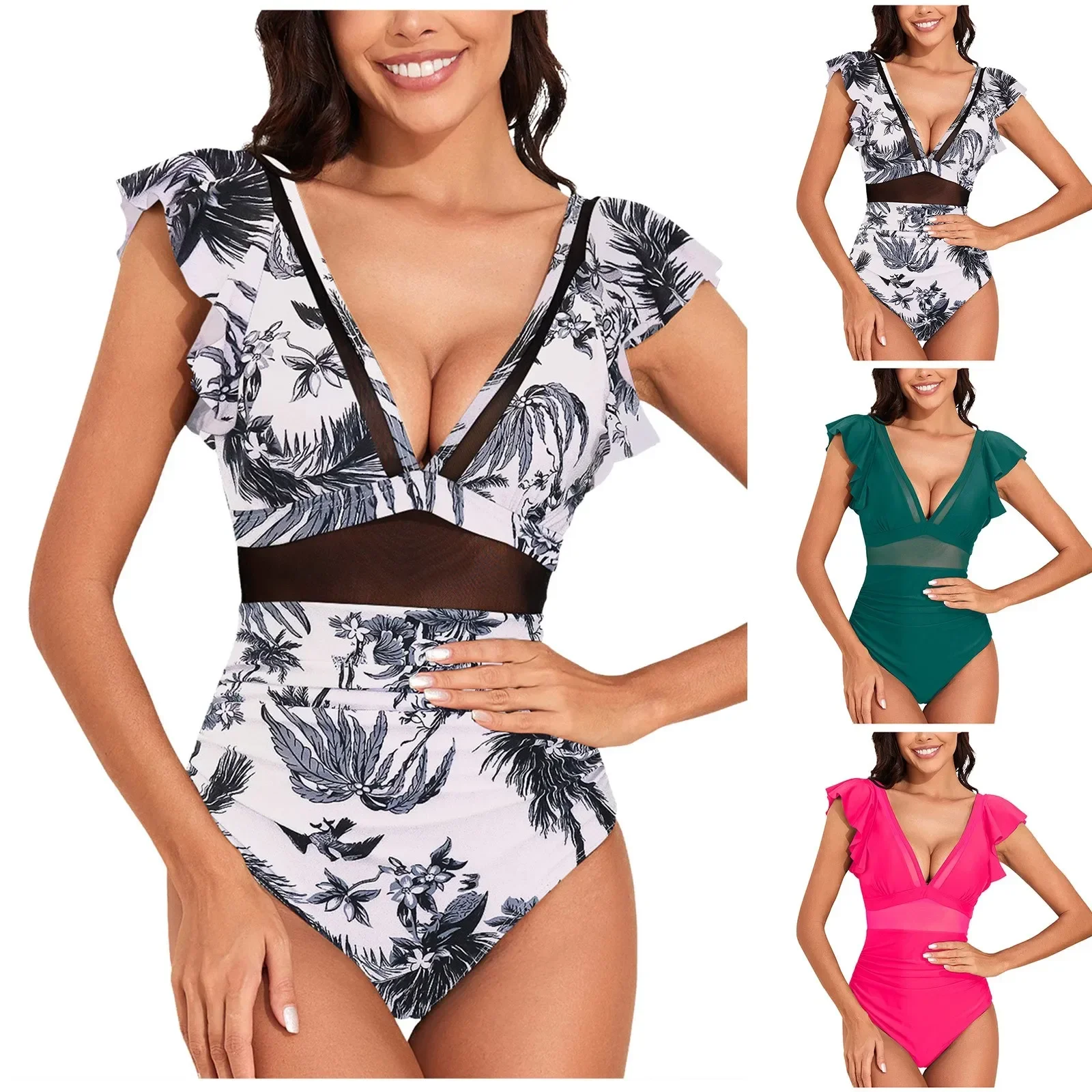 Women Sport Shirred Tank Bikini Swimsuit Sexy Deep V-Neck Waist Mesh One-Piece Swimsuit Outfit For Summer trajes de baño mujer