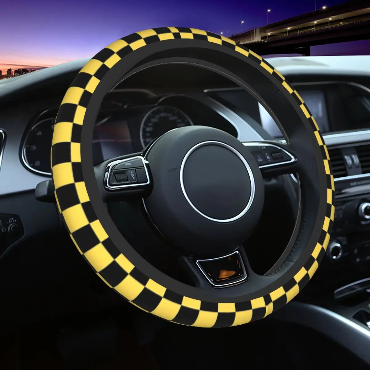 38cm Steering Wheel Covers Black And Yellow Checkered Elastic Auto Decoration Colorful Car Accessories