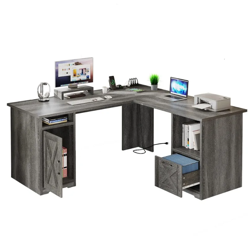 Dextrus 59 inch L-Shaped Desk with Power Outlet & USB Ports, Office Desk with File Cabinets, Large Computer Desk with Drawers,