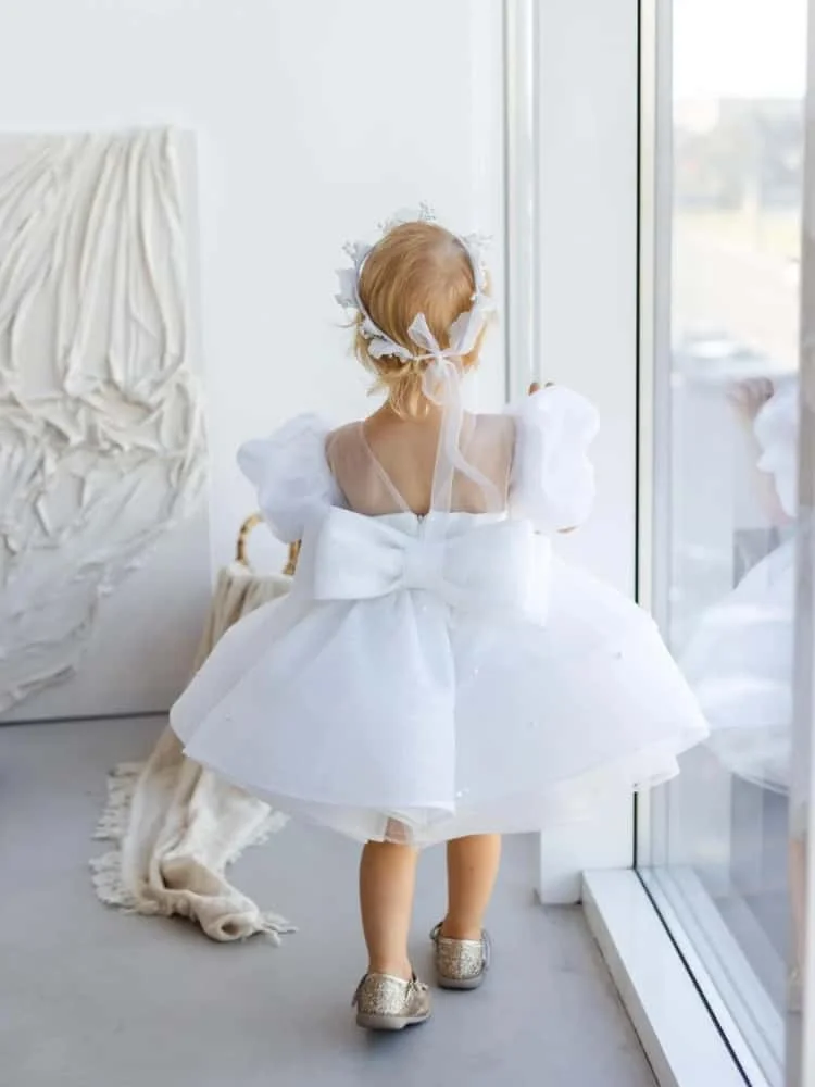 Custom Flower Girl Dress Puff Short Sleeves Pearl Decor Large Back Bow For First Birthday,Portrait Shooting,Wedding