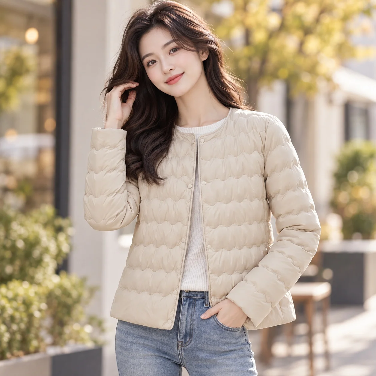 Round Neck Pocket Coat Slim Fit Korean Style Women Winter Coat with Breathable Regular Sleeve No Hood Daily Short Length