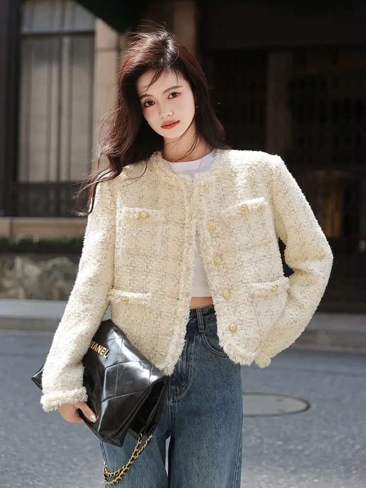 

Linen Short Woolen Jacket in Beige with Small Fragrance Style Spring New Ladies Fashion Straight Cut Coat with Long Sleeves