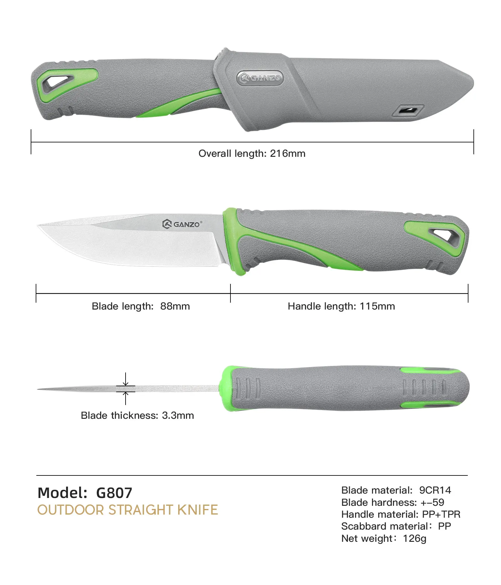 FBknife Ganzo G807 9cr14mov blade PP & TPR handle, cuchillo fijo de caza, cuchillo de supervivencia, herramienta táctica EDC para exteriores