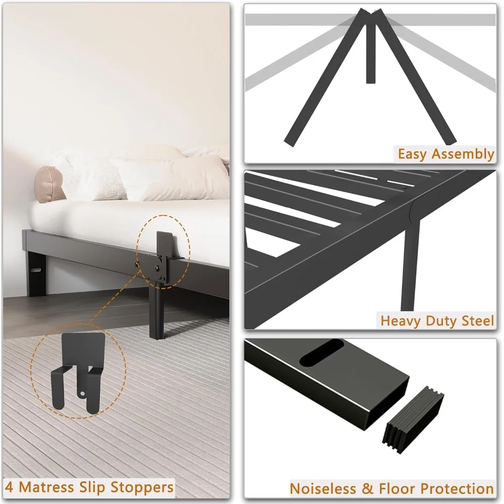 Marco de cama bajada de 4 pulgadas Queen, marco de cama Queen de perfil bajo, No necesita somier con tapones de colchón, cabecero DIY, resistente S
