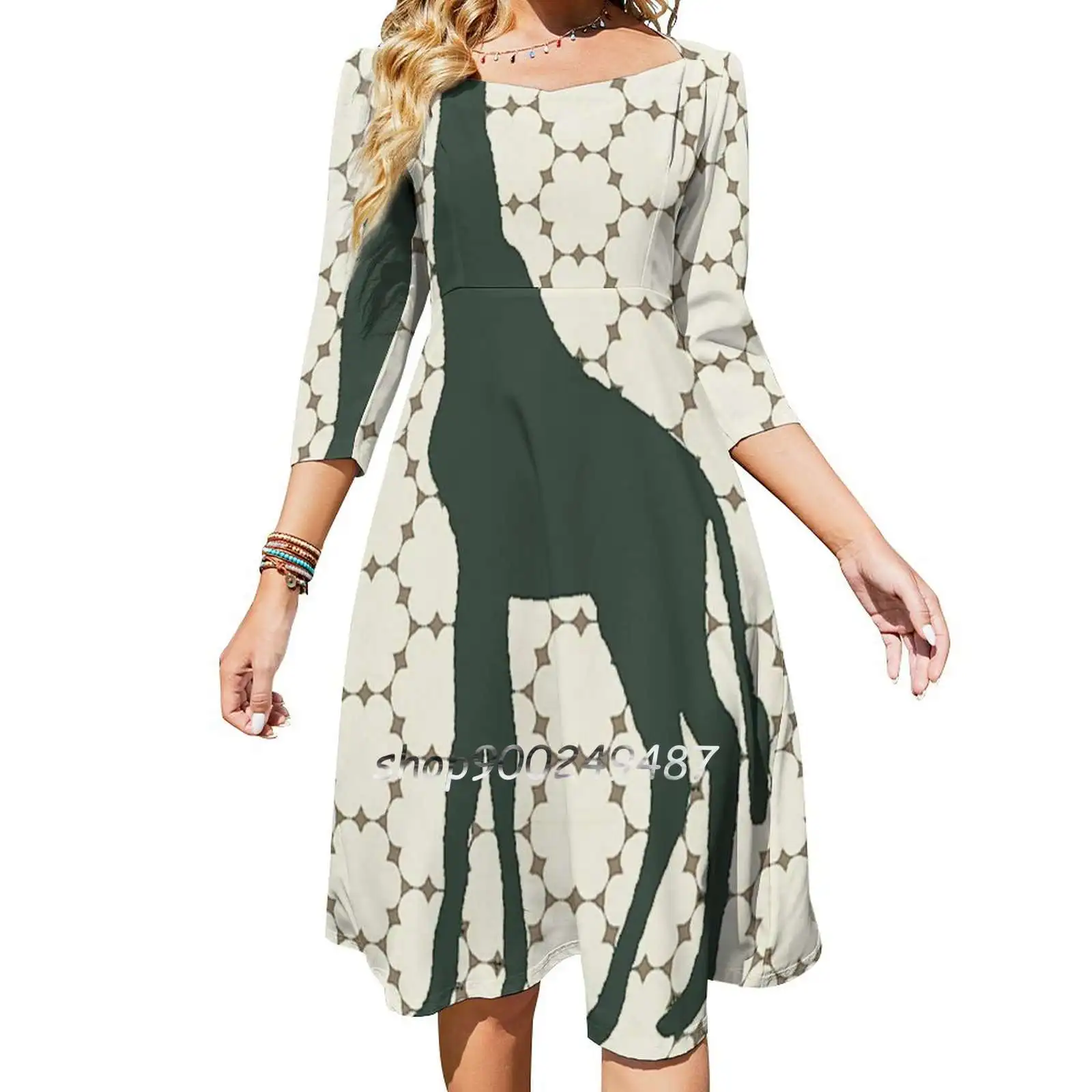 Giraffe In The Woods Dresses For Women A-Line Korea Style Slim Long Sleeve Dress Giraffe Animals Flowers Pattern Green Hunter