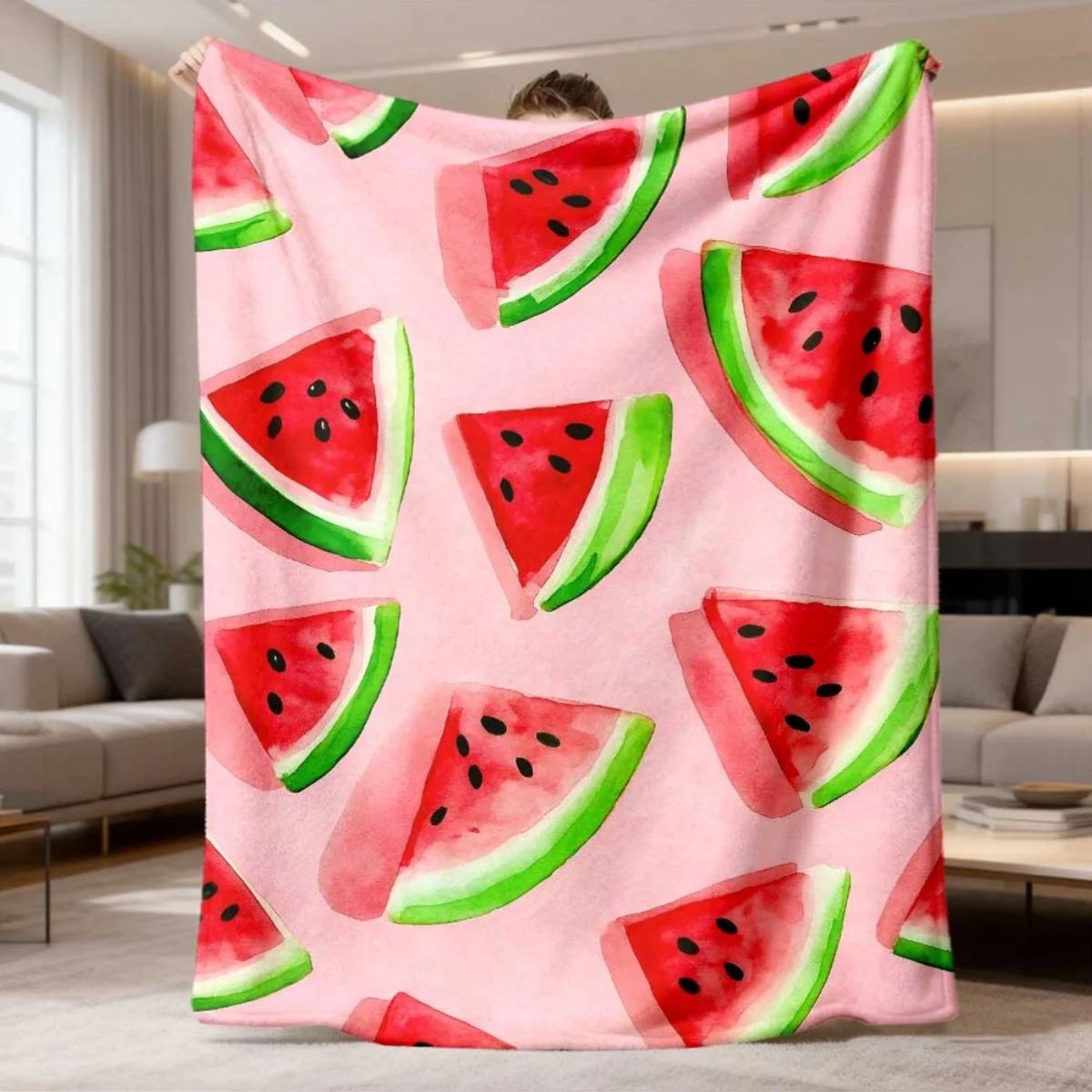 Watercolor Sliced Watermelon Pink Background Pattern Flannel Blanket Indoor Outdoor Soft Timeless Warm Home Holiday Decor Gift