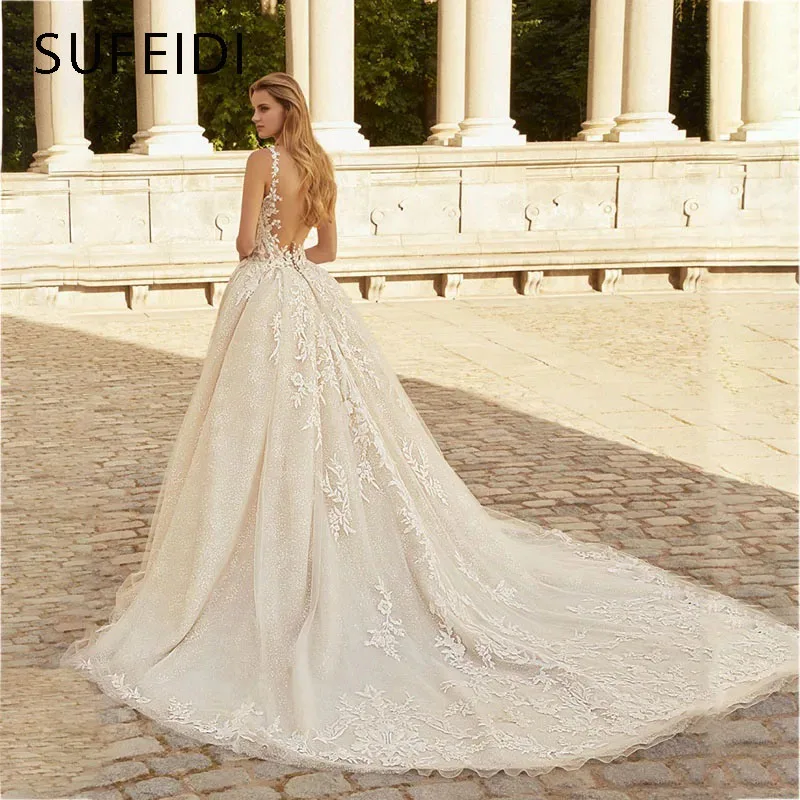 IMANKA Charming Sparkly Wedding Gown for Bride Open Back Lace Appliques Sleeveless High Side Slit Court Train Customized