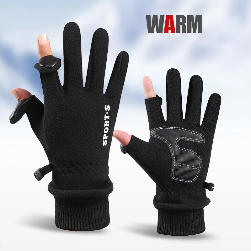 Winter Polar Fleece Gloves Cycling Men Women Motorcycle Fleece Two-Finger Flip Warm Touch Screen Soft Skin-Friendly Gloves